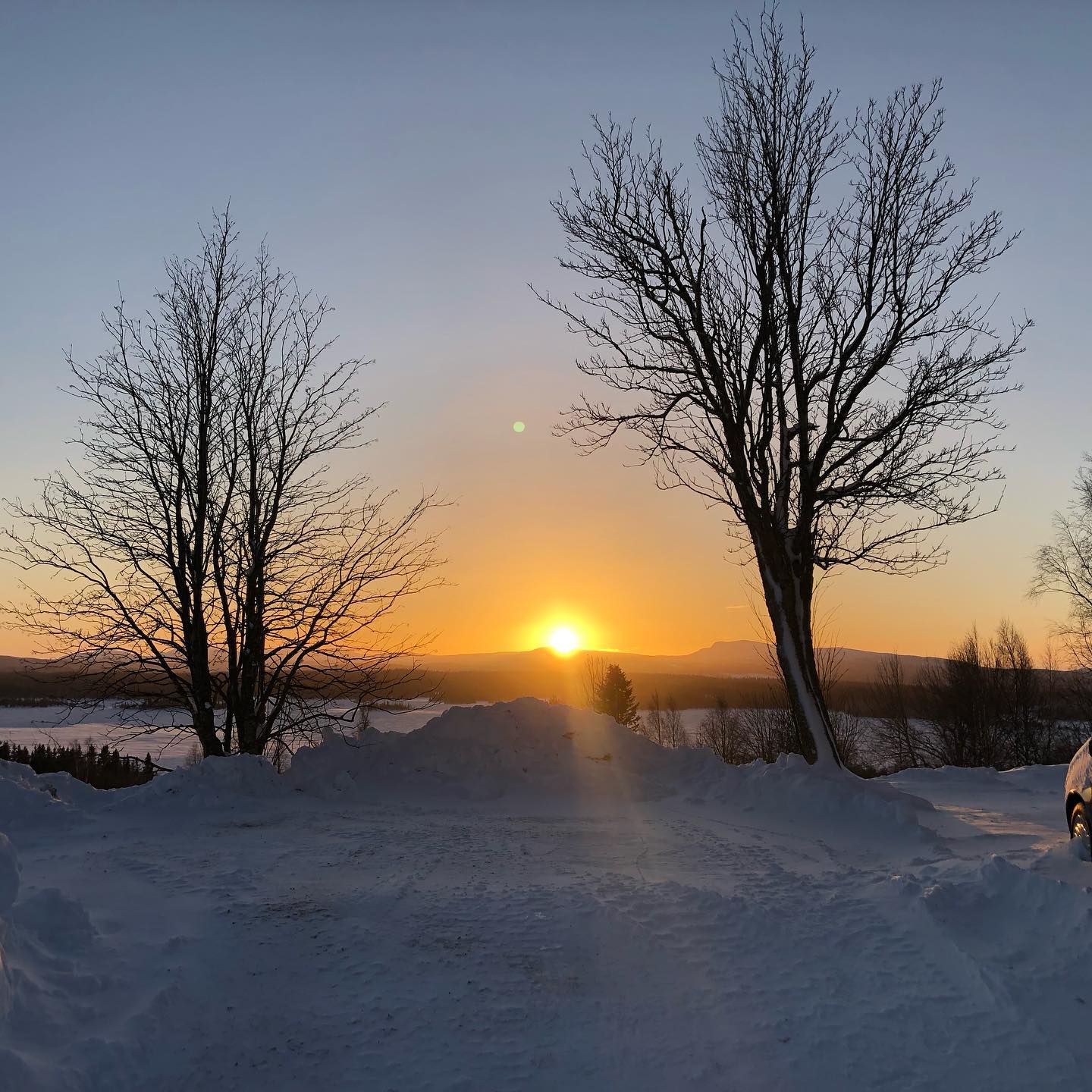 Året 2023:s första dag. Minus 9, ingen vind, ca 40 cm snö. Solen gör sitt bästa för att visa sig över fjällen i söder. Klockan är 11.
